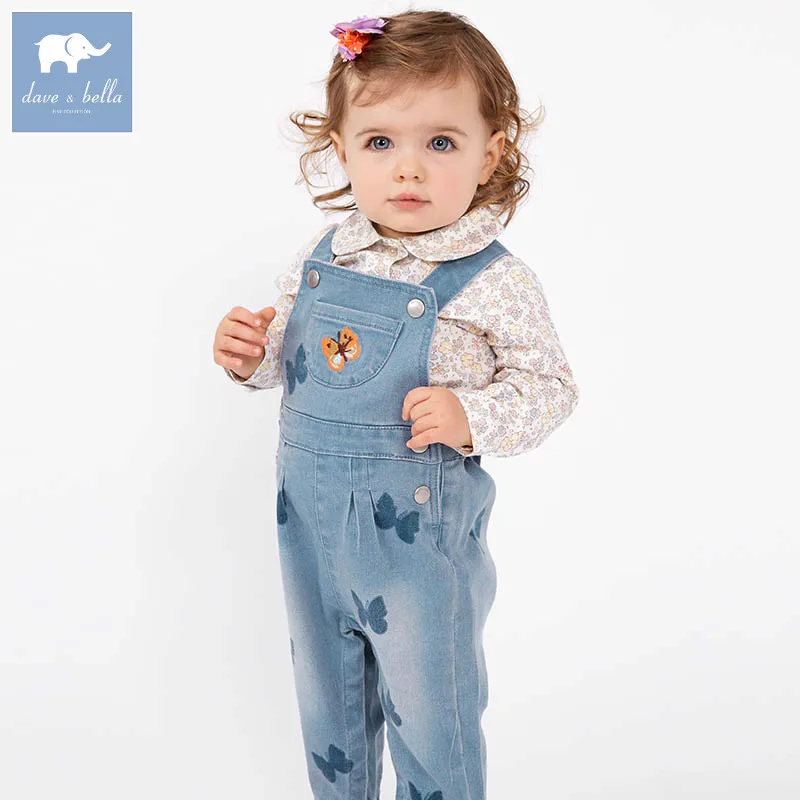 DBZ6974 dave bella spring baby girls fashion denim overalls children toddler clothes baby cute overalls appliqued frayed denim overalls