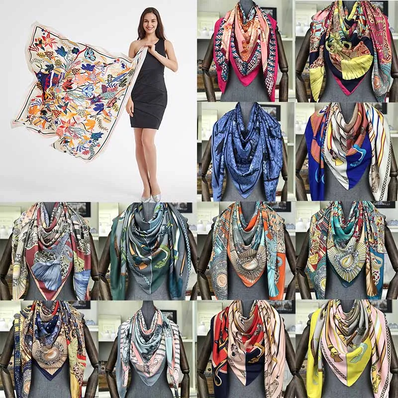 

50 Color Silk Scarf Female Twill Oil Painting Large Square Towel 130cm Sunscreen Shawl Hair Head Scarves Women Bandana Wrap