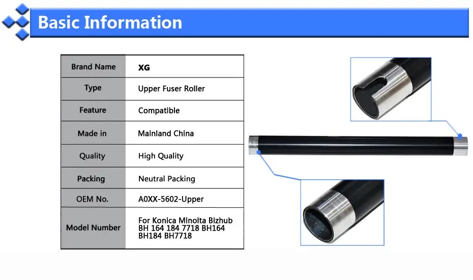 2 шт. совместимый верхний фьюзерный валик Замена для KONICA MINOLTA BIZHUB BH 164 184 7718 BH164 BH184 BH7718 A0XX-5602-Upper