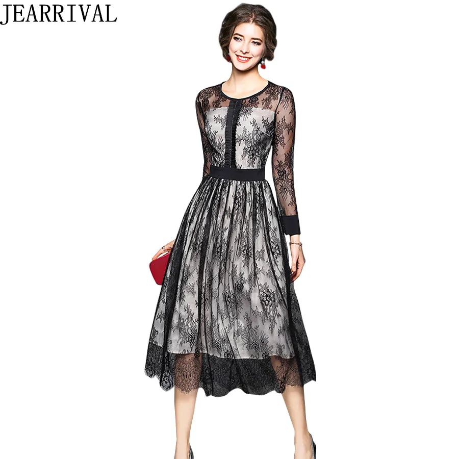 Koop 2018 Nieuwe Mode Kant Jurken Lente Vrouwen Volledige Mouw O hals Patchwork A lijn Vintage Casual Lange Feestjurk Vestidos De Festa