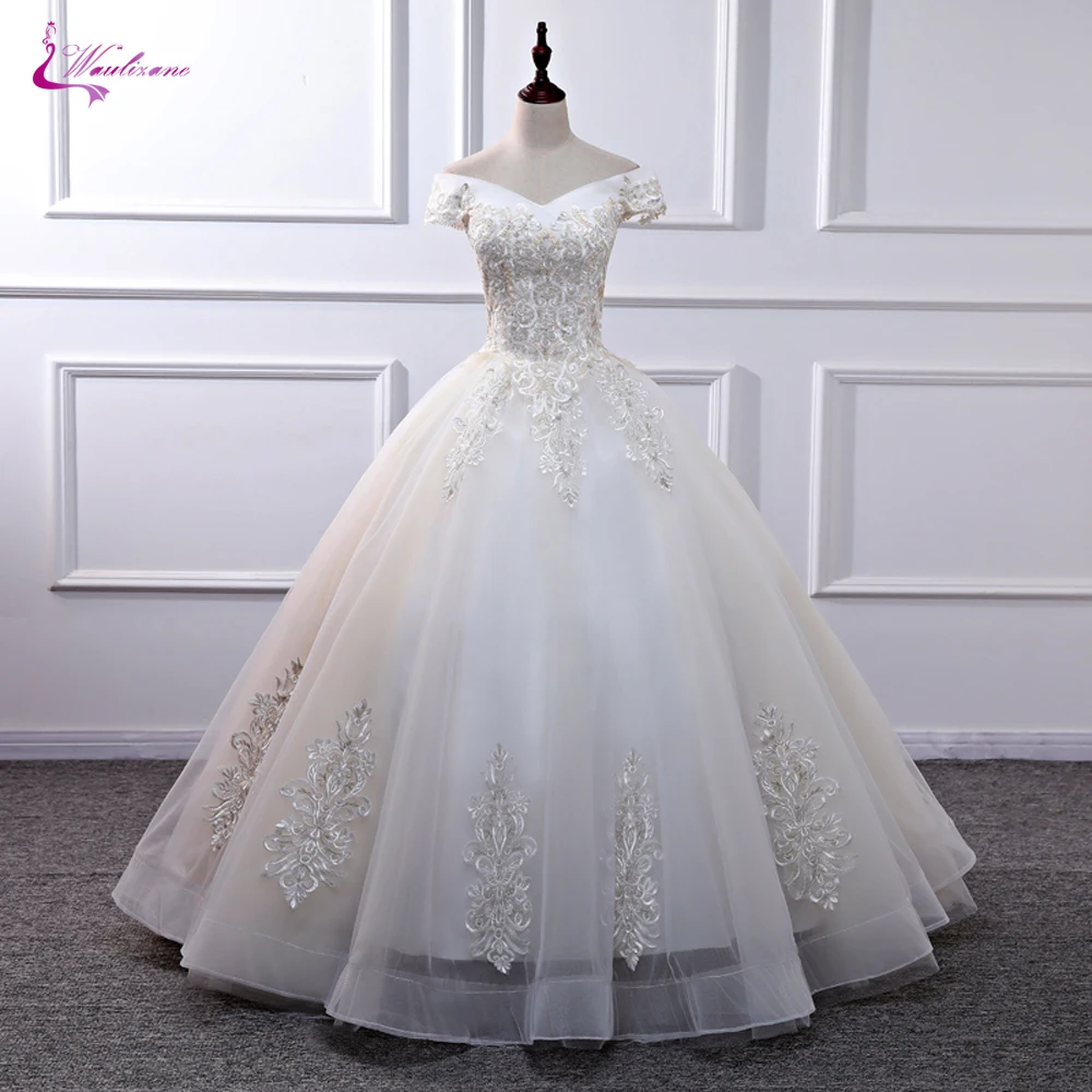 

Waulizane New Arrival Ball Gown Champagne Appliques Wedding Dress Of Floor Length Without Train