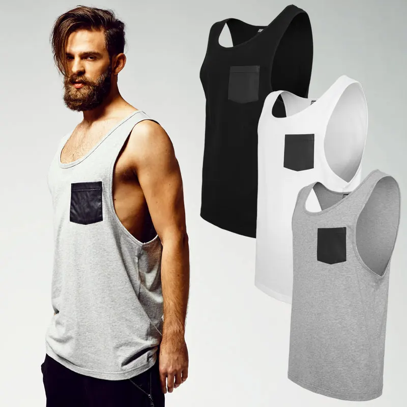 2016 summer new arrival pocket tank top mens sleeveless patchwork hip