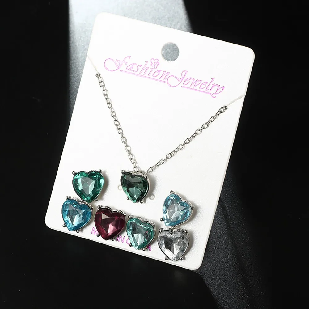 

Ladies Girl Ear Decor Heart-shaped Colored Pendant Necklace Peach-heart Earrings Necklace Set