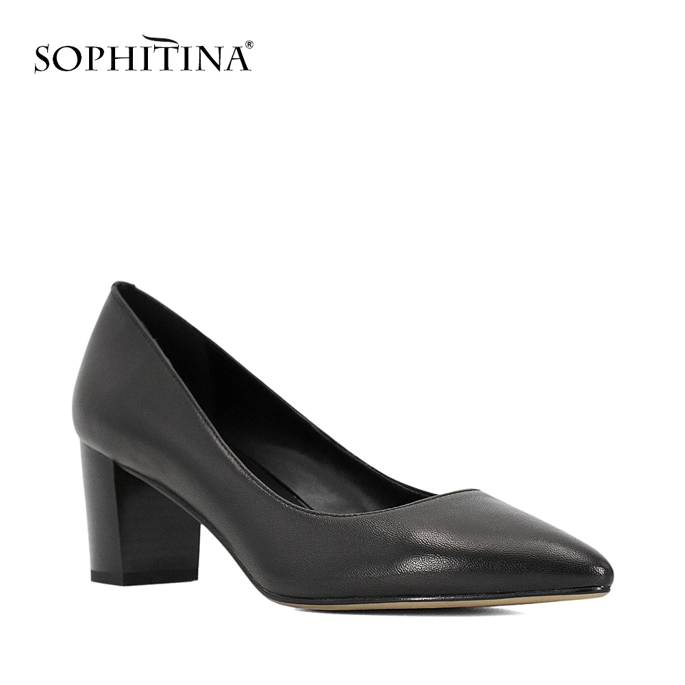 

SOPHITINA Genuine Leather Basic Pumps Pointed Toe Slip-On High Square Low Heel Elegant Career Shoes Handmade Shallow Pumps MW24