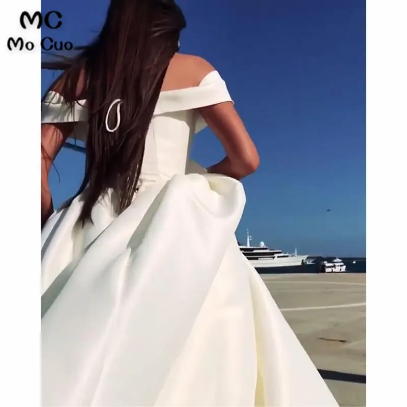 Deep V-neck Ball Gowns Satin Wedding Dresses Off The Shoulder4