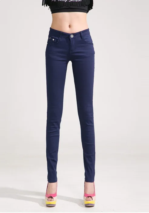 Осенние женские джинсы-карандаш, яркие цвета, средняя талия, полная длина, на молнии, облегающие узкие женские штаны, модные женские джинсы - Цвет: Dark Blue