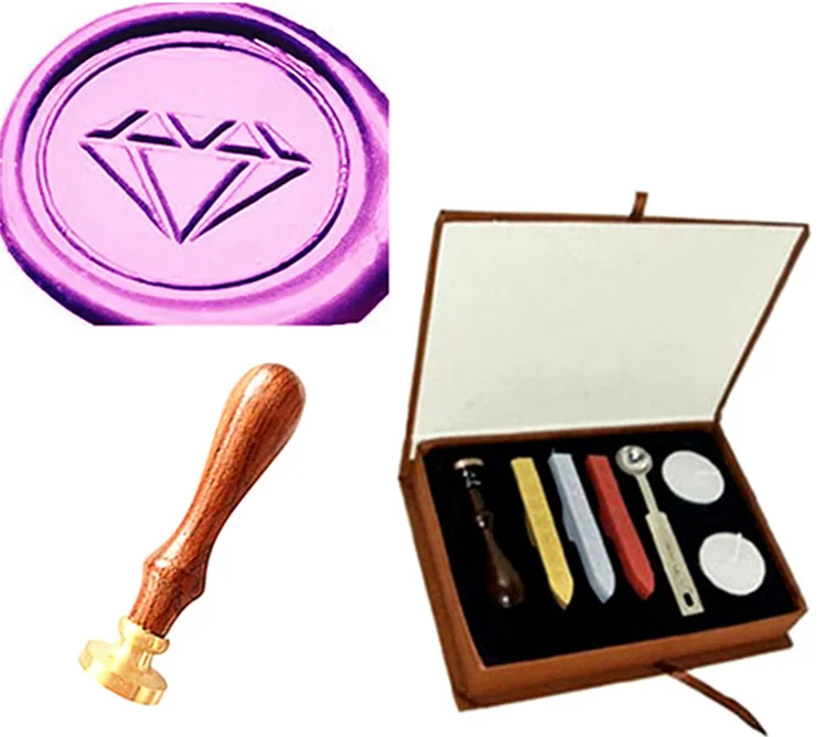 

Custom Logo Vintage Diamond Picture Wedding Invitation Wax Seal Sealing Stamp Sticks Spoon Gift Box Set Kit