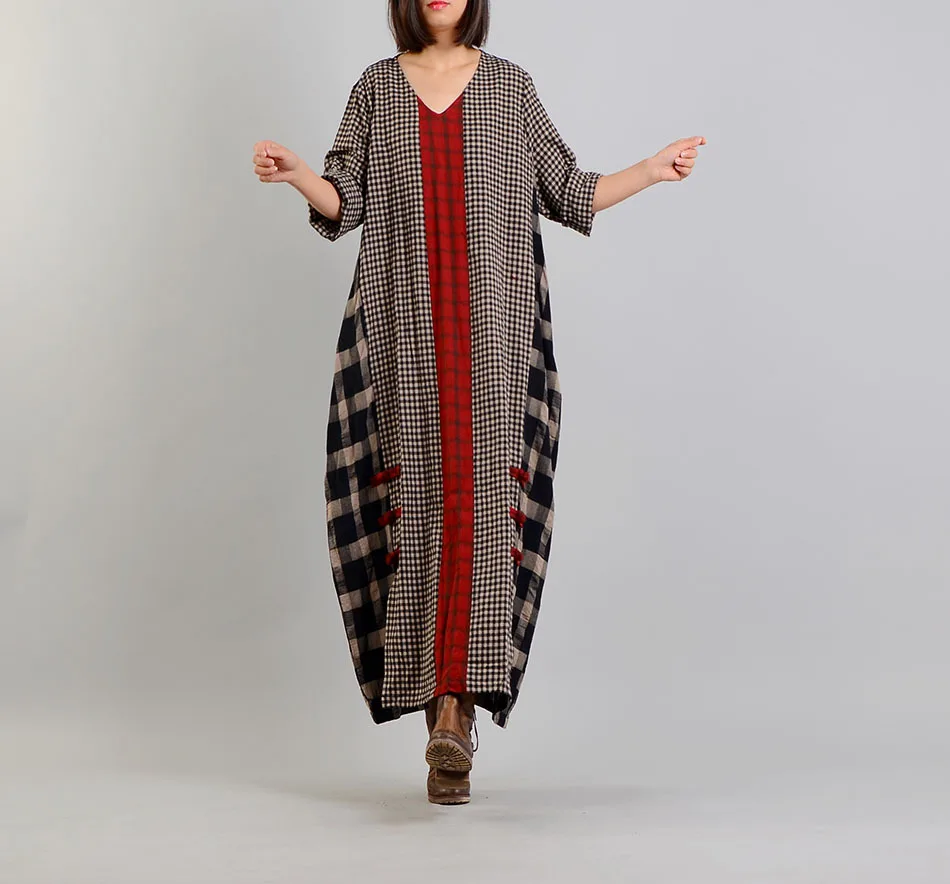 Spring new cotton linen V-neck plaid patchwork dress national wind plate retro color matching dress