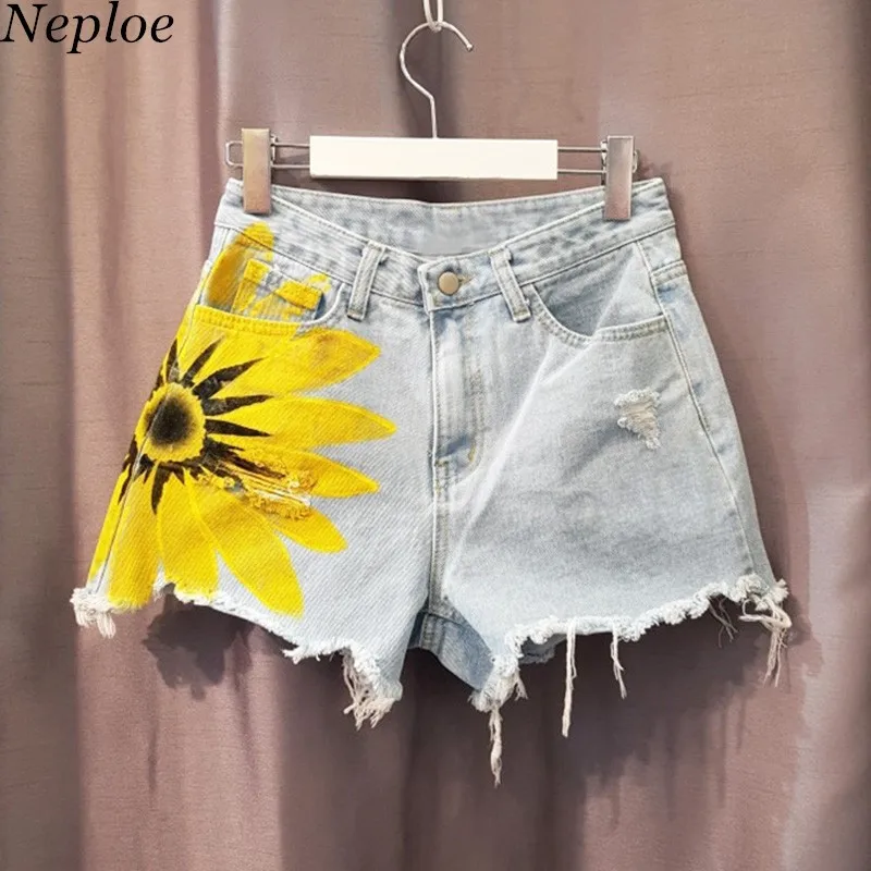 

Neploe Print Sunflower Denim Women Shorts Holes Pockets Tassel Hot Shorts Streetwear Fashion Zipper Button Denim Shorts 67997