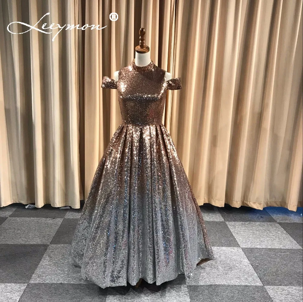 

High Neck Sequin Gradual Color of Gold and Silve Prom Dress A-Line Court Train Formal Long Evening Dresses