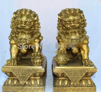 

free shipping 13" Chinese Fengshui Bronze Guardian Foo Fu Dog Phylactery Door Lion Pair Statue