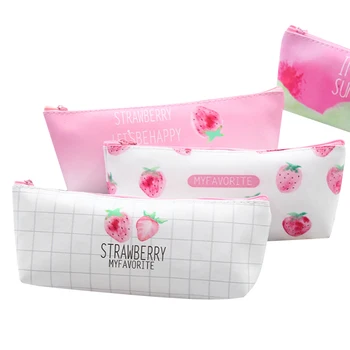 

10pcs/lot Simple Creative Kawaii Pink Strawberry Pencil Pen Bag PU Waterproof Holder School Supply Student Gift Party Favors