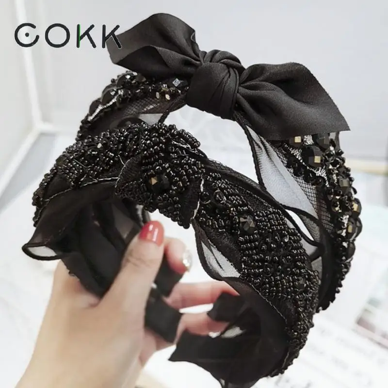 

COKK High Quality Retro Hair Hoop Hairband Elegant Rhinestone Beads Headbands Hair Band Hair Accessories For Women Shining Black