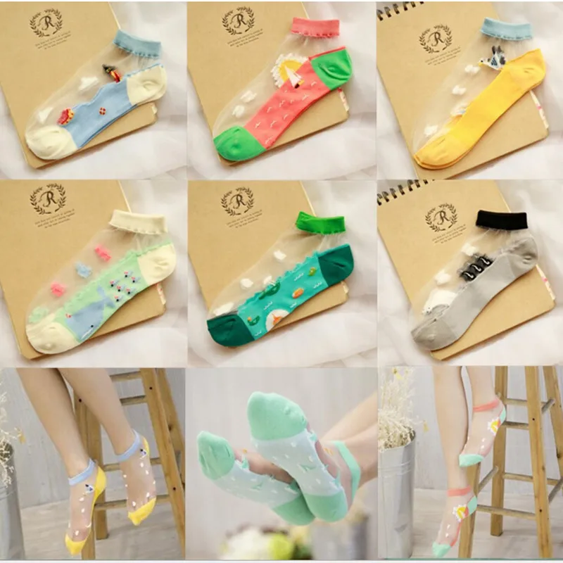 2016 New arrival Colorful Ultrathin Transparent Beautiful Crystal Lace Elastic Short Women Socks Ocean Ankle Sock for Girl W0425