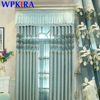 

Luxury Chenille Curtain European Blackout Curtains Embroidery Fabric for Living Room Bedroom Blue Tulle Curtains Drapes M005-40