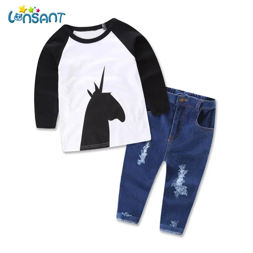 LONSANT الطفل الملابس مجموعة تي شيرت مطبوع + ثقب الجينز القطن عارضة الأطفال الفتيان الفتيات الملابس الفنتازيا Infantil دروبشيبينغ LONSANT الطفل الملابس مجموعة تي شيرت مطبوع + ثقب الجينز القطن عارضة الأطفال الفتيان الفتيات الملابس الفنتازيا Infantil دروبشيبينغ