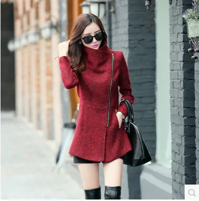 Mélange Gris Manteau Lady Manteaux Mode Slim rouge Veste Zipper Office ardoisé Turn Hiver Col Femenino Solides Laine Long Et down TCzqwqv