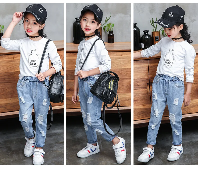 Calças de Brim Menina Meninos Rasgado Calça Jeans Outono Crianças Buracos Crianças Grandes Calças Jeans da Moda Meninos Roupas 4 13 Anos 4 Cheap Jeans