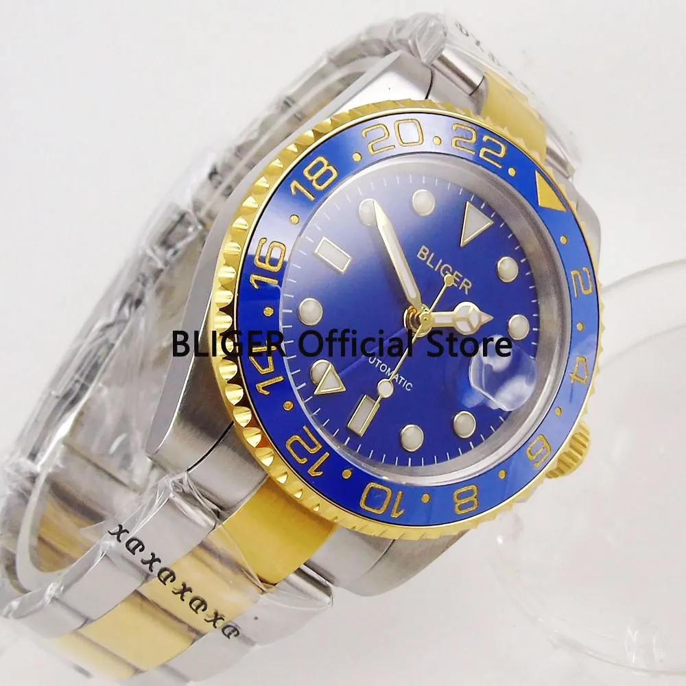 

BLIGER 40mm Men's Watch Blue Dial Sapphire Gold Plated Stainless Steel Band Luminous GMT Automatic Movement