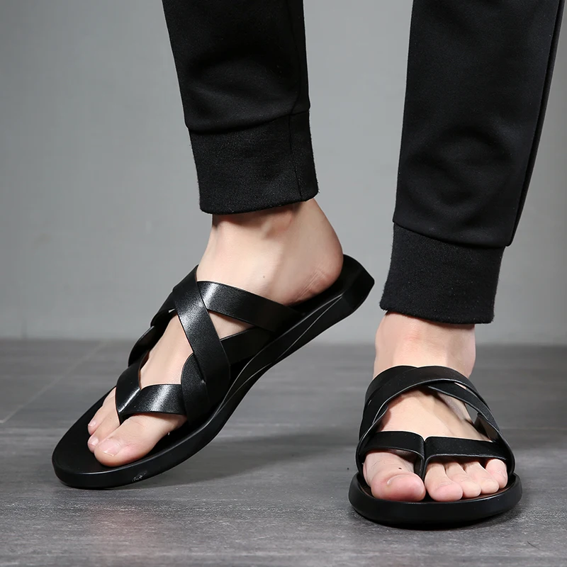 Для мужчин сандалии новые летние верхний слой кожаные туфли пляжная обувь Повседневная дышащая Нескользящая мягкой подошвой сандалии Для мужчин