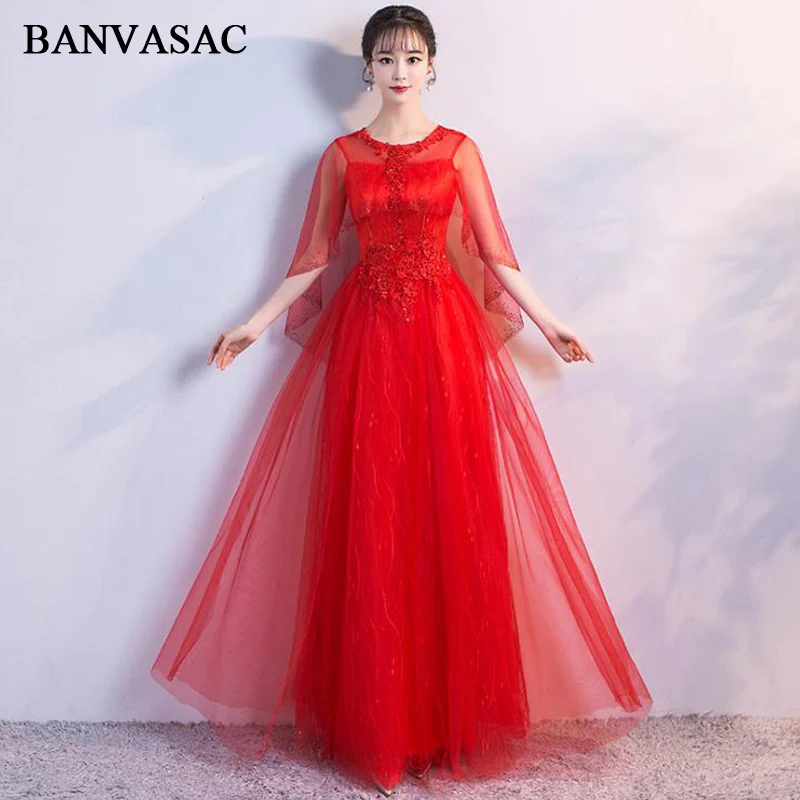 

BANVASAC 2018 Illusion O Neck Lace Appliques A Line Long Evening Dresses Crystal Half Sleeve Tulle Party Prom Gowns