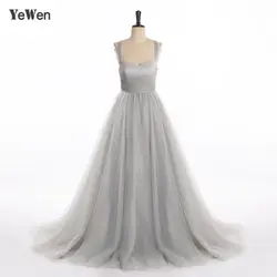 YeWen принцессы с бантом светло-серебристый линия Длинные вечерние платья с открытой спиной модные элегантные тюлевые вечерние платья 2019
