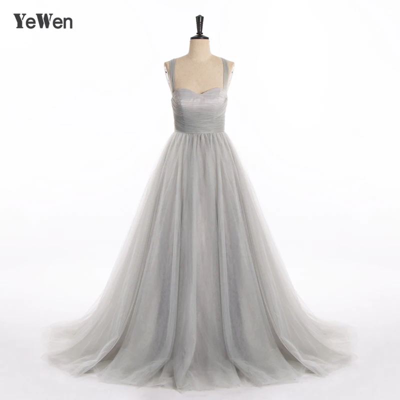 

YeWen Bow Princess Light silver A Line Long Evening Dresses Backless Fashion Elegant Tulle Evening Gowns 2019 Real picture