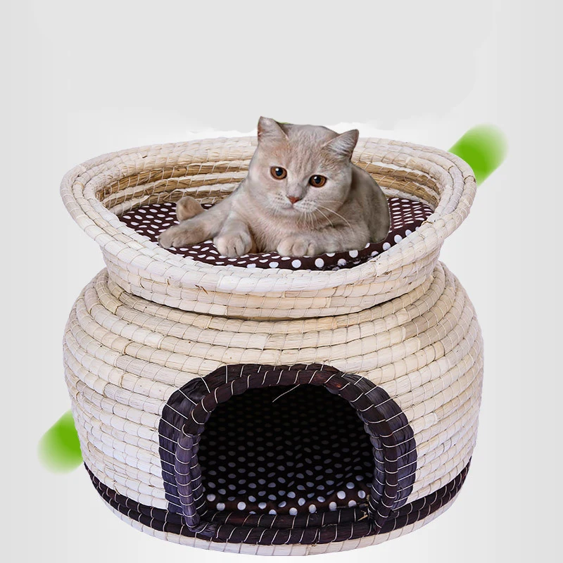 Double-layer Hand-woven Cat Litter Kennel Breathable Pet Nest Puppy Bed House Dog Beds for Medium Dogs Small Pet House Cat Mat