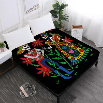 

Couples Skull Bed Sheet Tribal Skeleton Print Fitted Sheet Plant Flowers Print Mattress Cover Elastic Band Halloween Gift D40