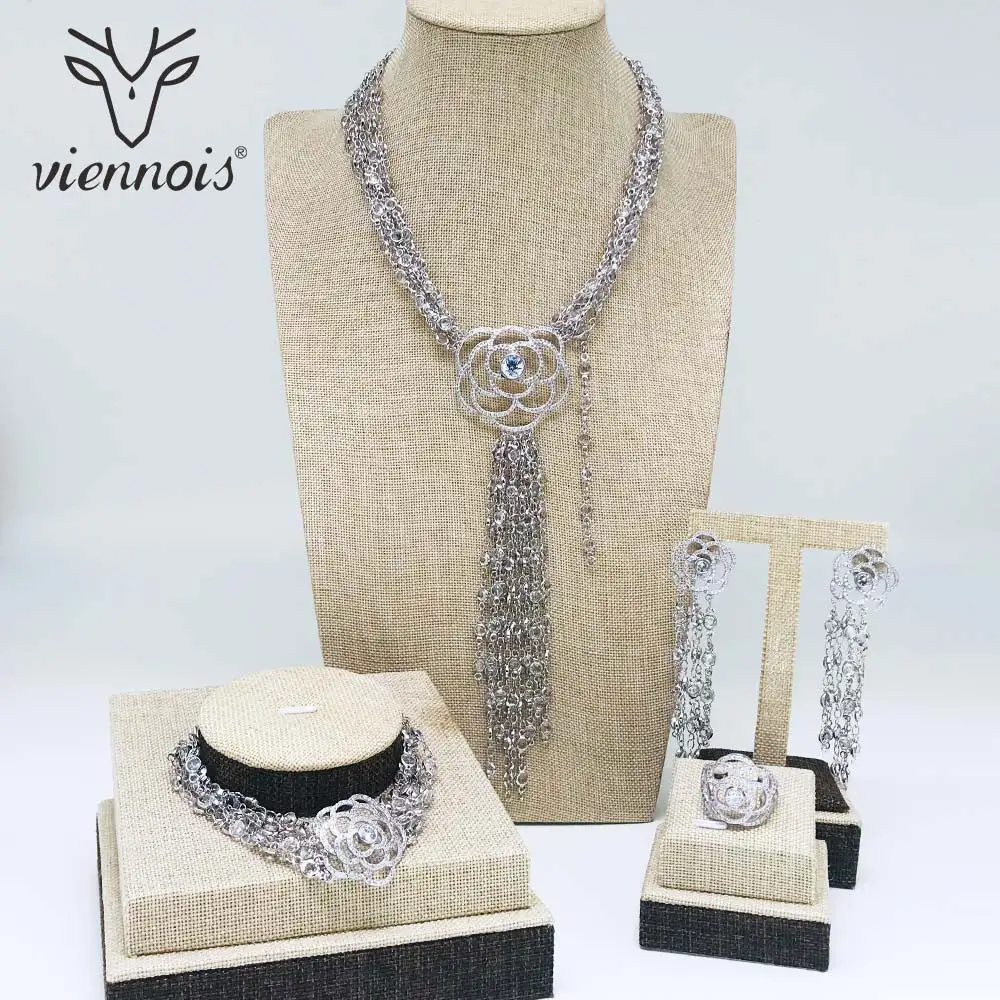 

Viennois Silver Color Necklace Set For Women Rhinestone Dangle Earrings Ring Bracelet Set Party Jewelry Set 2019