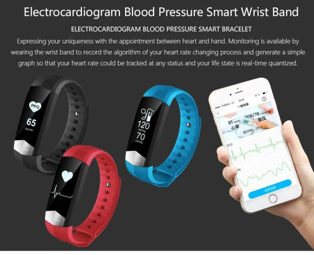 For IOS iPhone 8 / 8 Plus X Bluetooth Smart Wristband ECG Display Heart Rate Blood Pressure Monitor Fitness Smart Band Bracelet