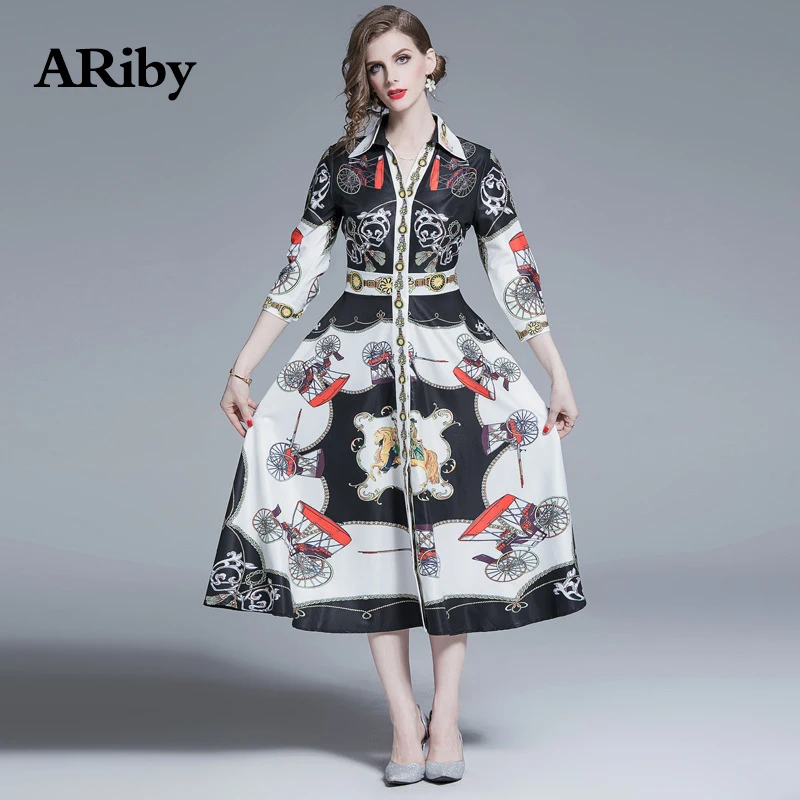 A-line Dress Slimming Black Dress 2019 Summer New Fashion High Street Printed Temperament Single-breasted V-Neck Mid-Calf Dress A-line Dress Slimming Black Dress 2019 Summer New Fashion High Street Printed Temperament Single-breasted V-Neck Mid-Calf Dress