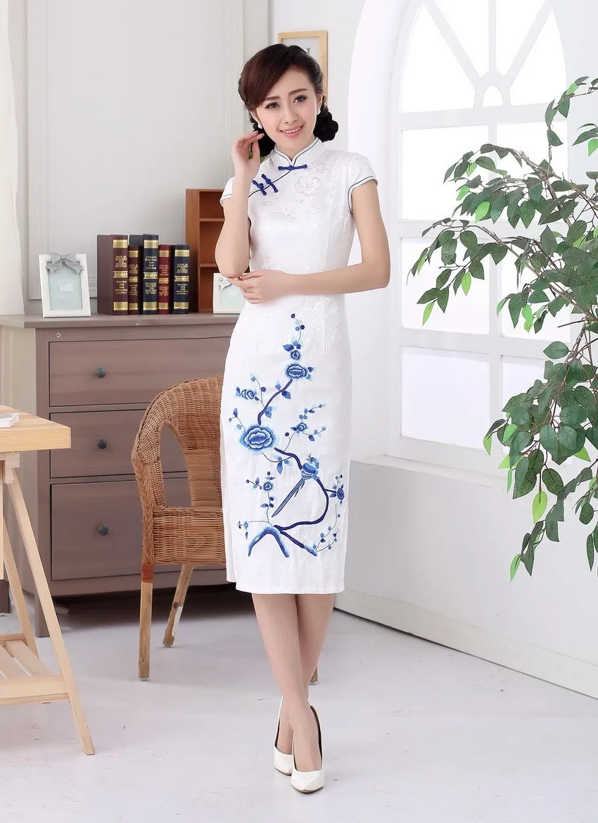 Шанхай история Топ-класс Длинные Цветочные Cheongsam Qipao платье Китайская традиционная одежда белый восточные платья для женщин