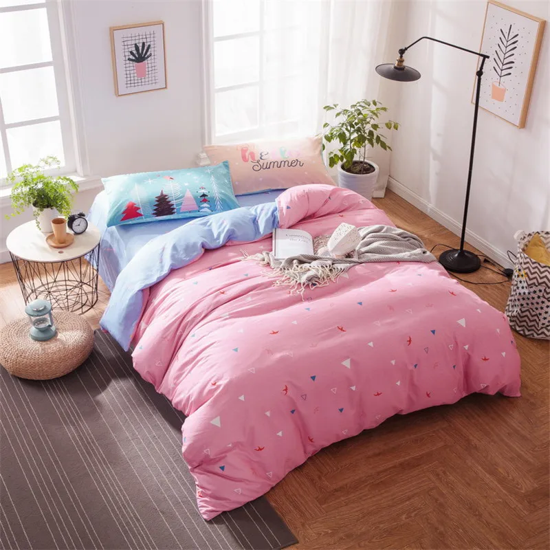 Japanese Style Cotton Bedding Set Pink Bird Pattern Duvet Cover Set