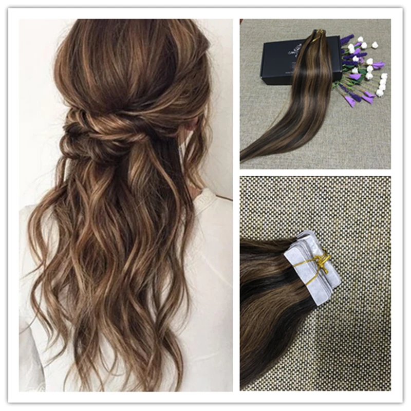 Full Shine High Quality 50g Two Tone Balayage Tape Hair Extension 2 Dark Brown Ombre Color 5