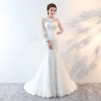 

Long Lace Sleeve O Neck Backless Mermaid Wedding Dresses 2019 New Fashion Slim Princess Appliques Customized Bridal Dress