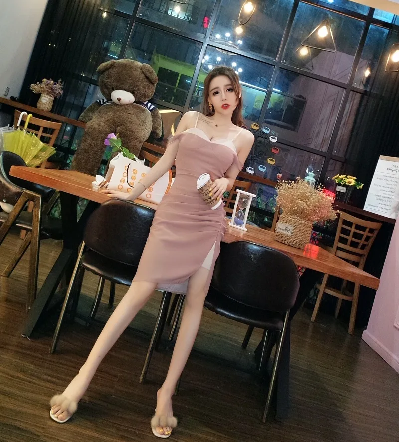 2018 New Arrivals Summer Women sexy Brassiere  strapless  A word collar  fold  Forking Paty  Dress Free Shipping