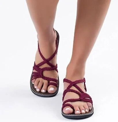 Женские сандалии; сандалии большого размера; летние пляжные сандалии на плоской подошве с Веревка Узел; женская обувь - Цвет: Wine red