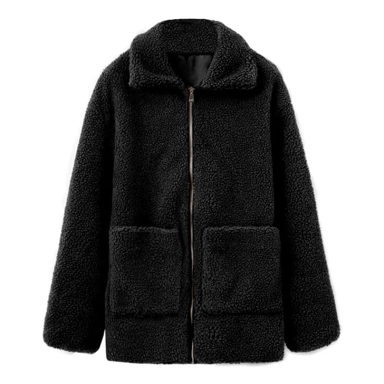 Зимнее женское пальто из искусственного меха, одноцветное, с длинным рукавом, с отложным воротником, с карманами, пушистая куртка, теплая верхняя одежда, пальто с мишкой Тедди - Цвет: Черный