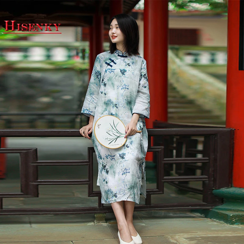 

Hisenky Spring 2019 Ramie Dress Women Loose New Cheongsam Qipao Dress Retro Chinese style Clothing Orient Dresses