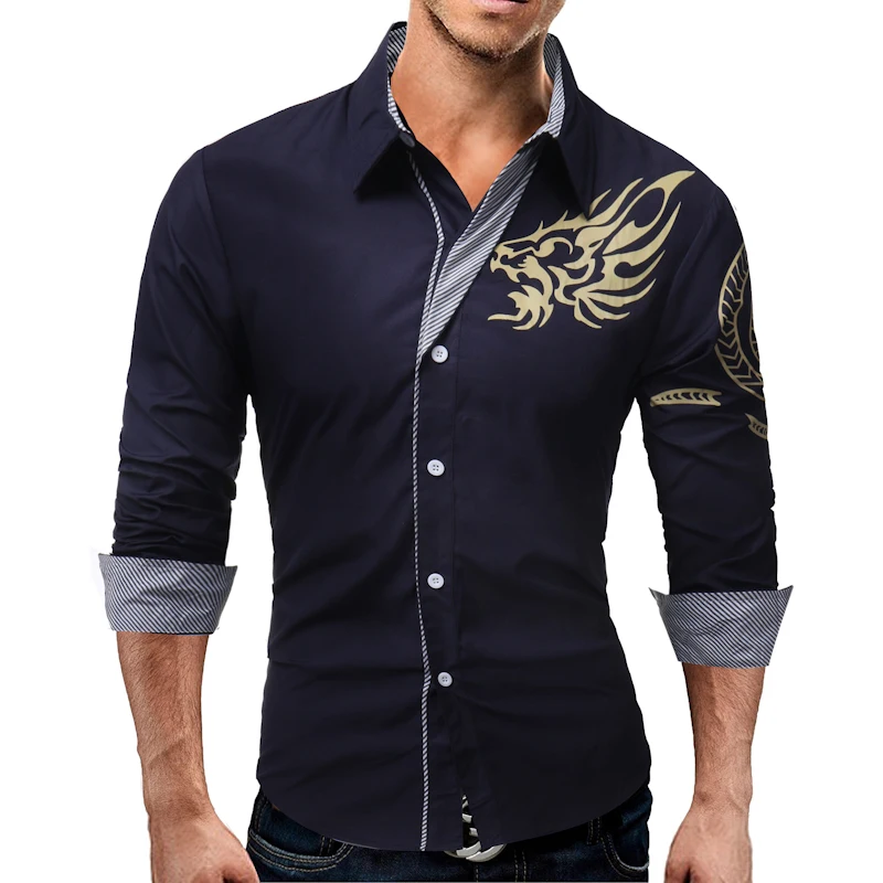 Новинка, мужская рубашка с длинным рукавом, драконы, мужская повседневная тонкая рубашка с отворотом, Мужская качественная рубашка, большой размер 4XL QARE - Цвет: Navy
