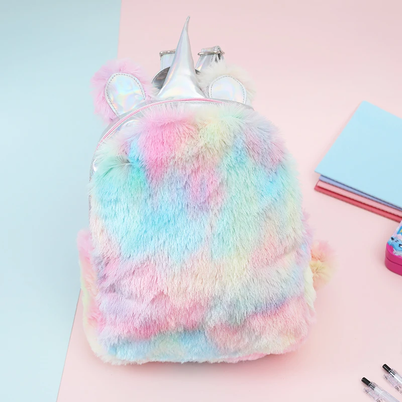  Mini Unicorn Backpack Shoulder Bag For Women Winter Faux Fur Small Backpack Hologram Leather Teenag - 32949528214