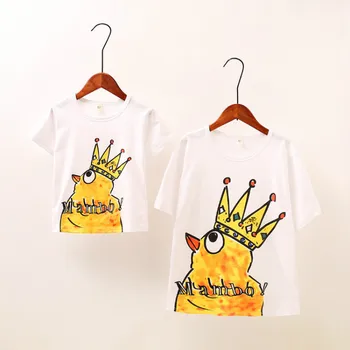 

Family Summer Tshirt Summer Cartoon King Chicken Printing Mother Dad Kids Matching Outfits Black White Tees 100%cotton Family