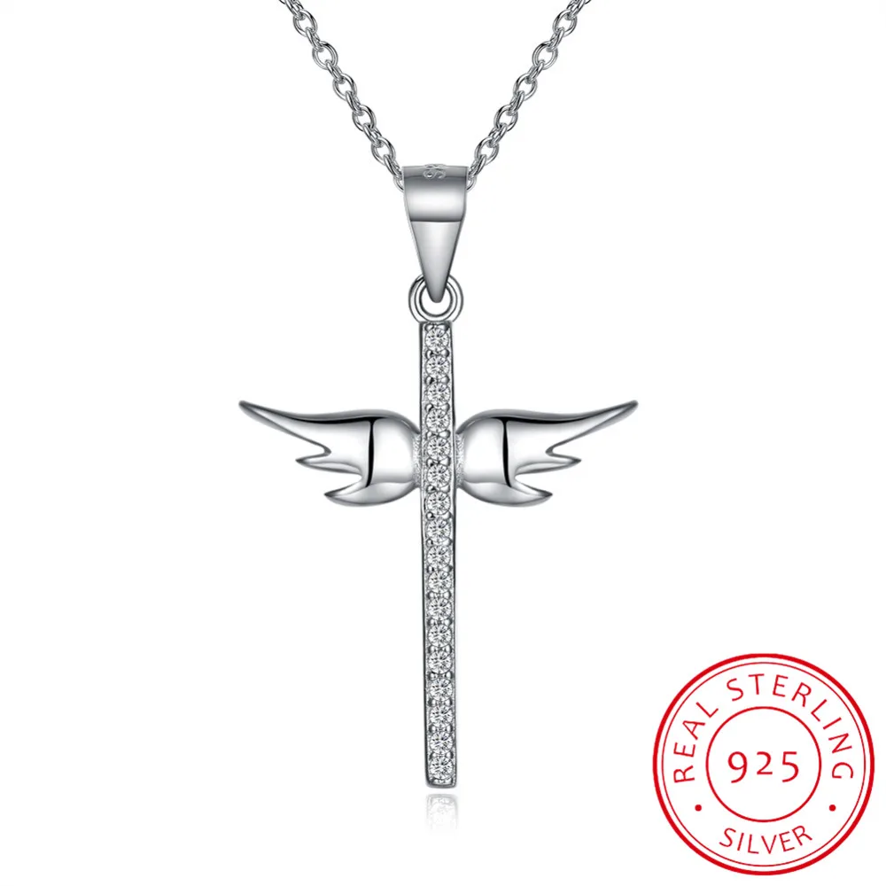 

Genuine 925 Sterling Silver Pave Zircon Cross Necklace Fashion Jewelry Angel Wings Pendants Necklaces choker Holiday Gift
