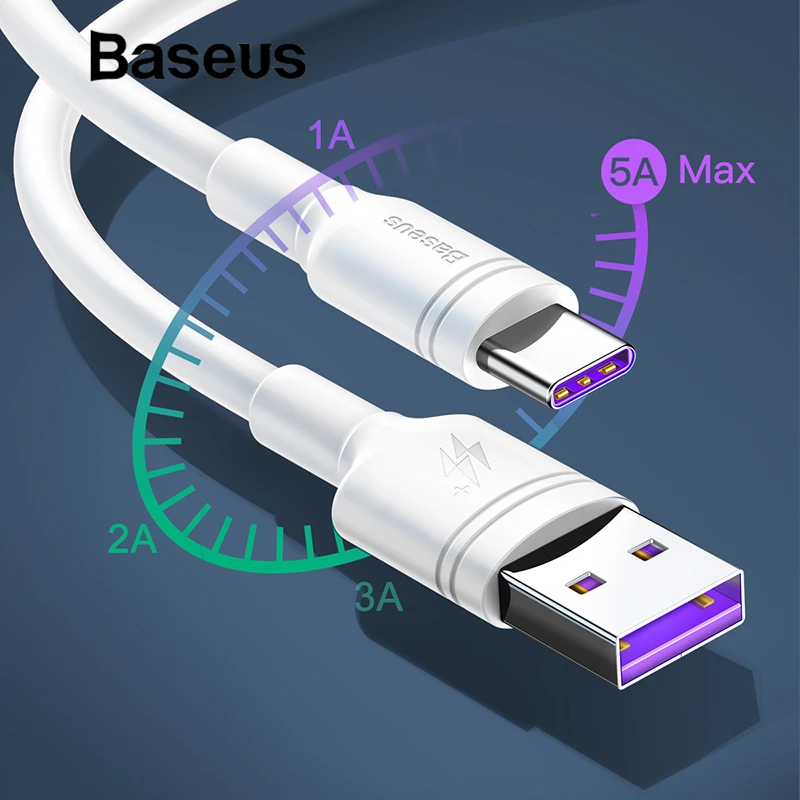 Baseus белый TPE type usb C кабель для huawei mate 20 pro 5A супер быстрая зарядка USB C 2A Быстрая зарядка для samsung galaxy s9