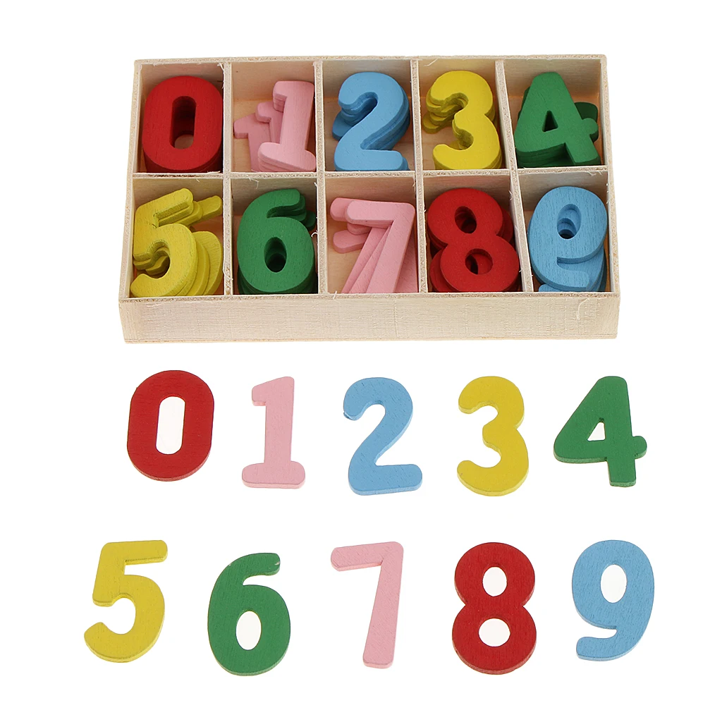 60pcs Colorful Mini Wood 0-9 Arabic Number Embellishment with Wood Storage Tray for Kids Educational Toys Games