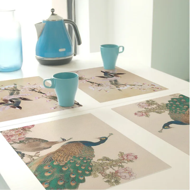 

CFen A's Peacock Birds Printed PVC Dining Table Place Mats Waterproof Kitchen Table Mat Craft for Cup Bowl Plate 2pcs