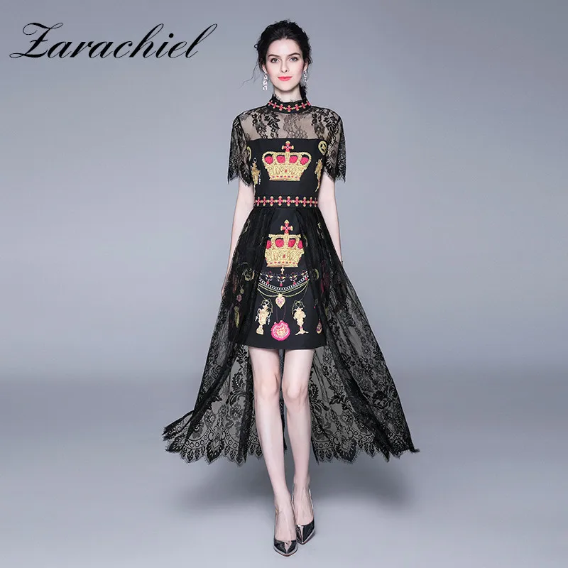 

Runway Designer 2019 Summer Women Luxury Crown Print Lace Patchwork Vintage Dress Elegant High-Low Short Sleeve Sexy Long Dress