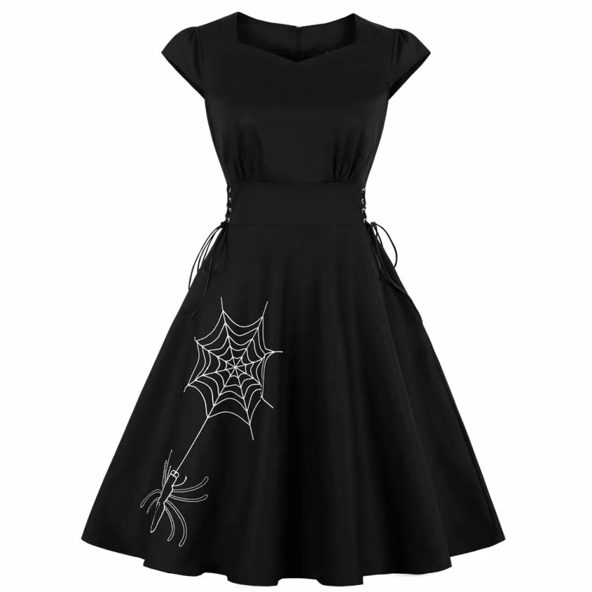 

Halloween Spider Embroidery Dress Women Lace Up Punk Party Dresses Bowknot Self Black Gothic Dress Clothing Swing Vestidos