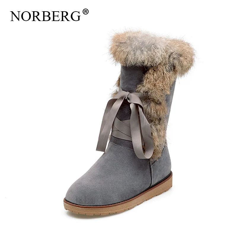 

NORBERG winter warm snow boots fashion rabbit fur leather boots round head Knee-High platform high heel women shoes size 34-43